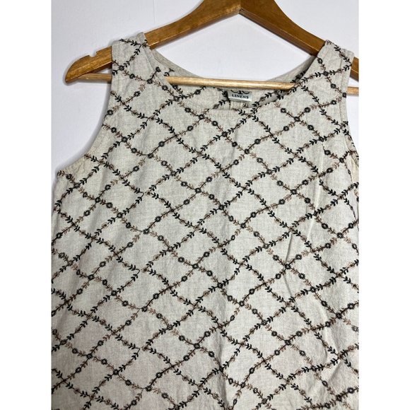 CTC Linens Women's Medium Sleeveless Brown Beige Floral Embroidered Linen Dress - Picture 3 of 9